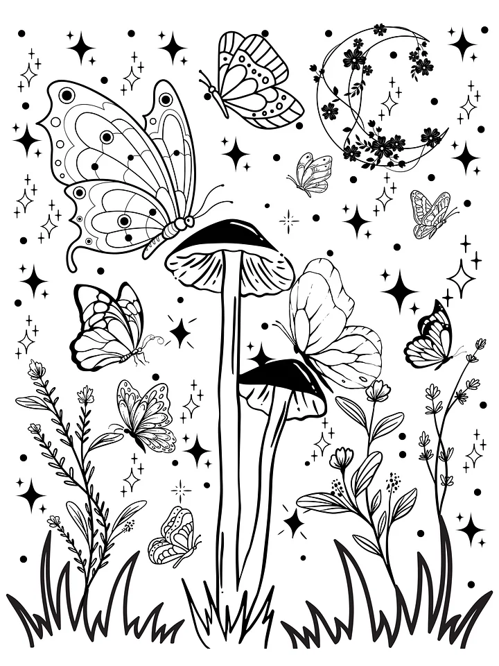 Butterflies and Mushrooms Coloring Page product image (1)