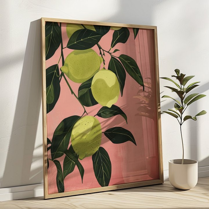 Lime Lemons on Pink Pastel Kitchen Wall Art Print product image (17)