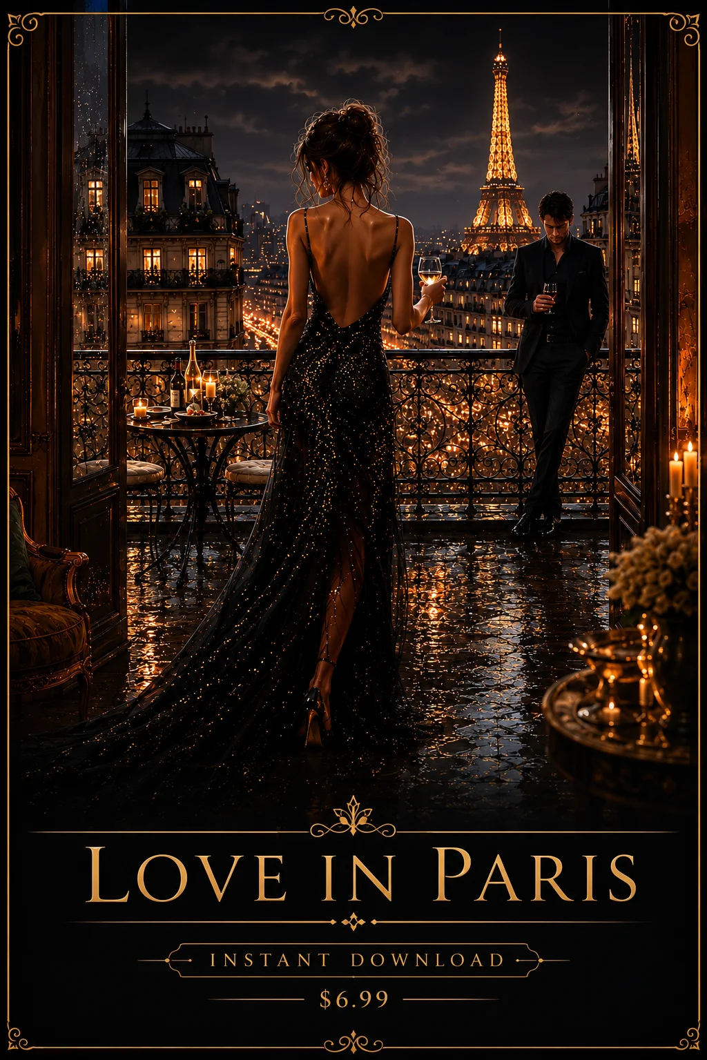 Romantic Paris Night Balcony Eiffel Tower Couple Wall Art Print Digital Download 8K JPEG product image (1)