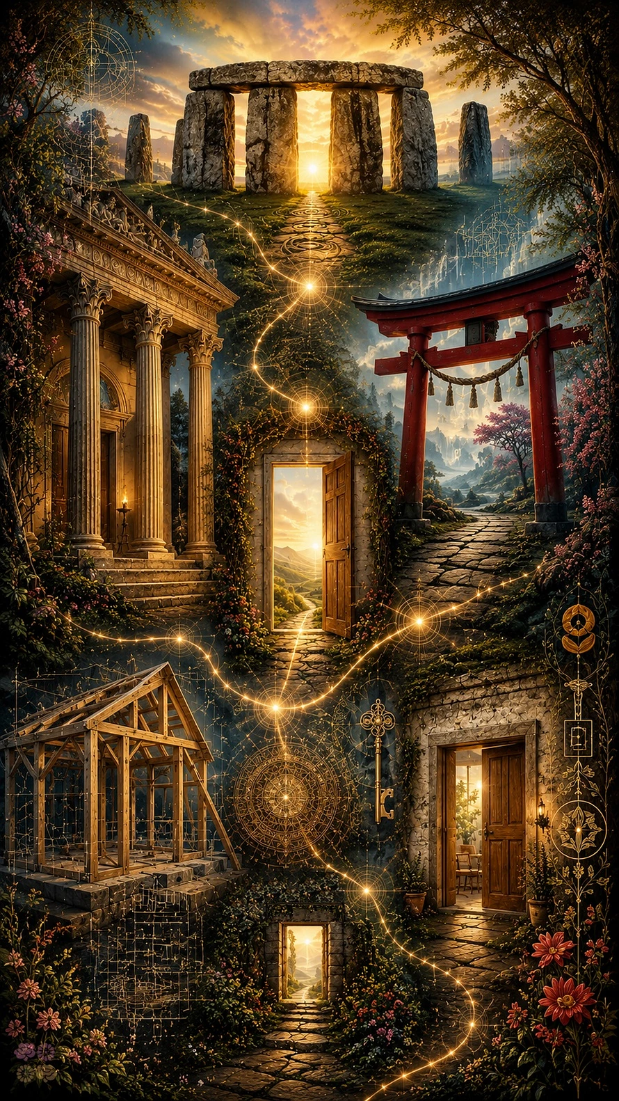 Colorful illustration of post-and-lintel structures, including a henge, Greco-Roman temple, Torii gate, house framing, and portals.