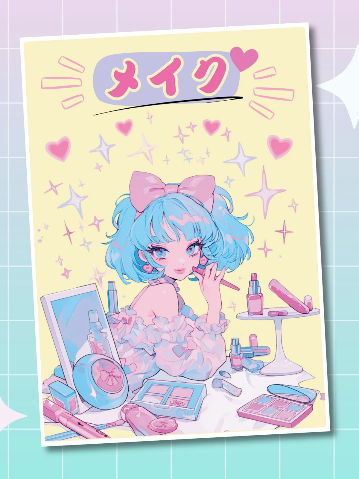 Retro 80's Anime Girl Print | Pastel Kawaii girl Art,Make-up Art Print | Kawaii Anime Art Postcard product image (3)