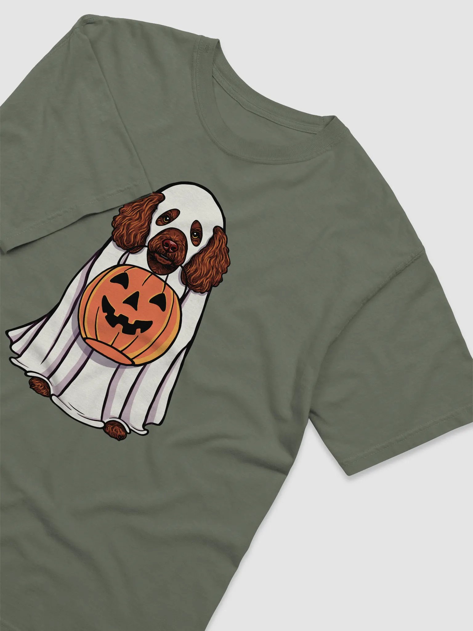 Funny Halloween Mini Poodle(Brown) T-Shirt | Funny Poodle Wearing a Ghost Costume and Holding a Pumpkin Basket product image (6)
