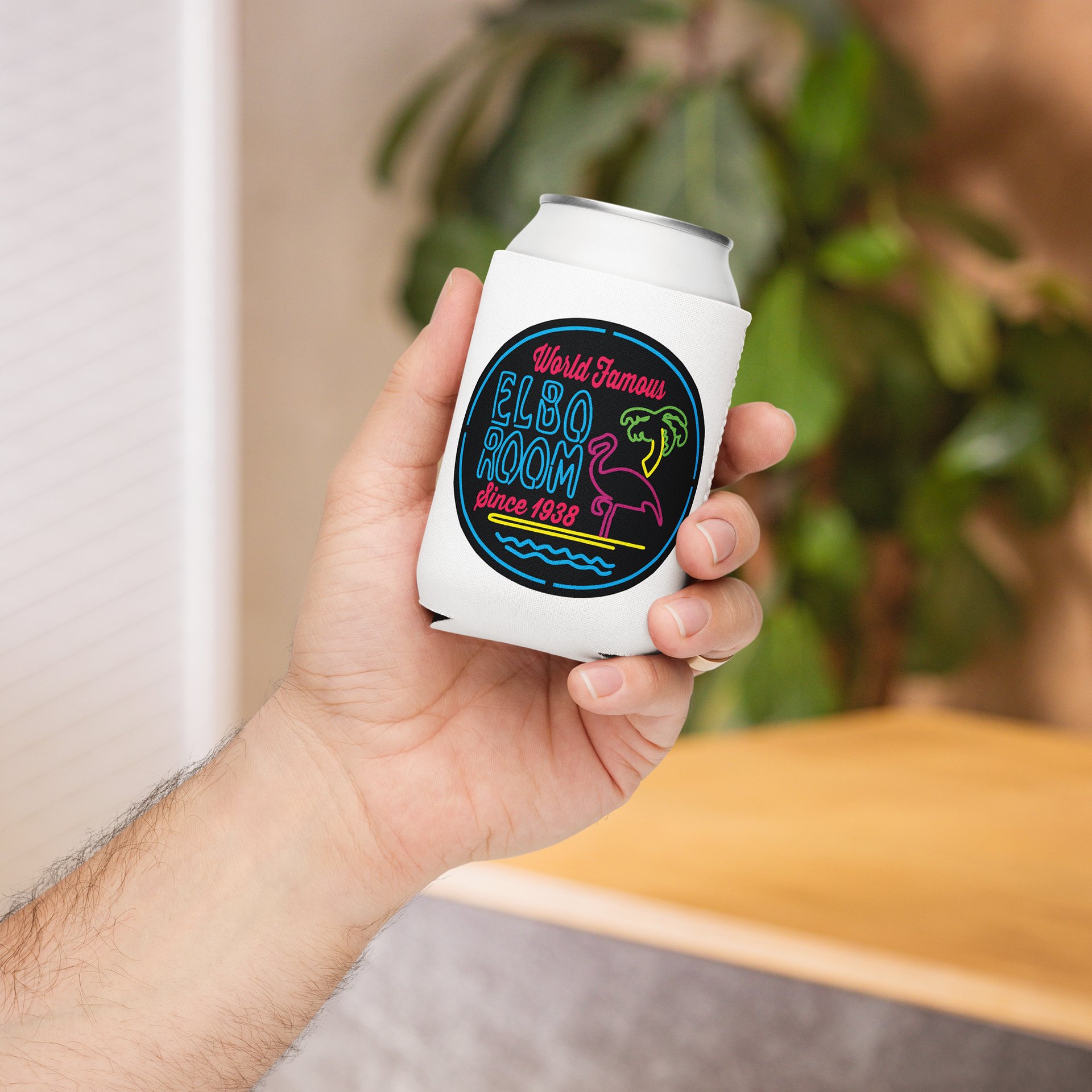 Elbo Room World Famous Neon Flamingo Can Koozie | Classic White product image (5)