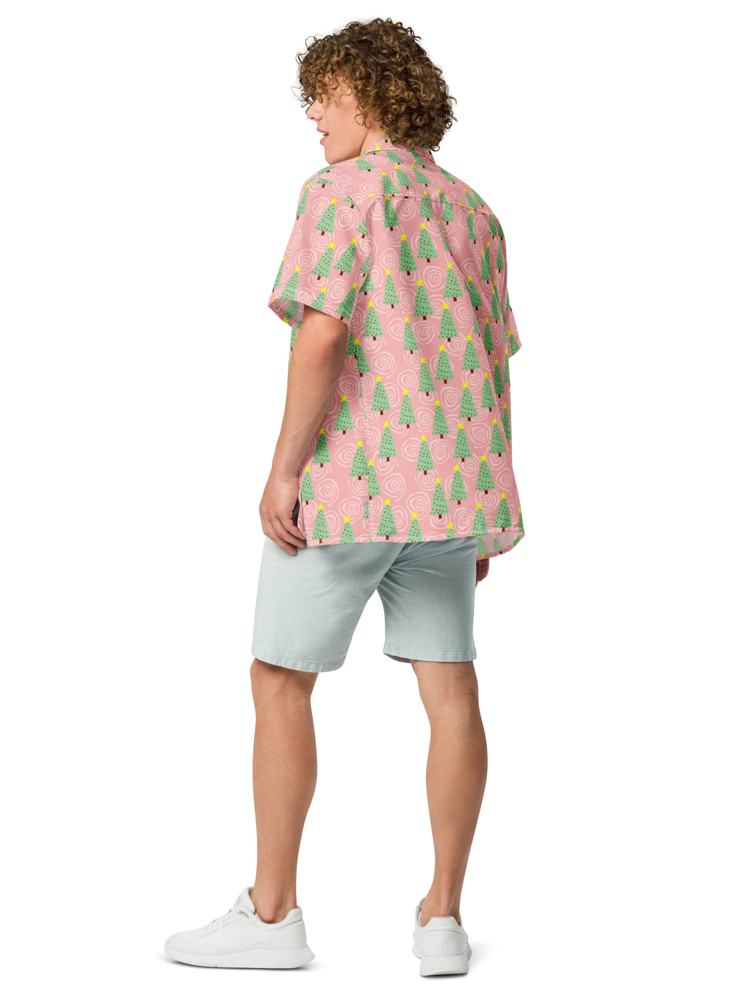 Mint Green Christmas Trees on Pink Oversized Button Down Shirt product image (5)