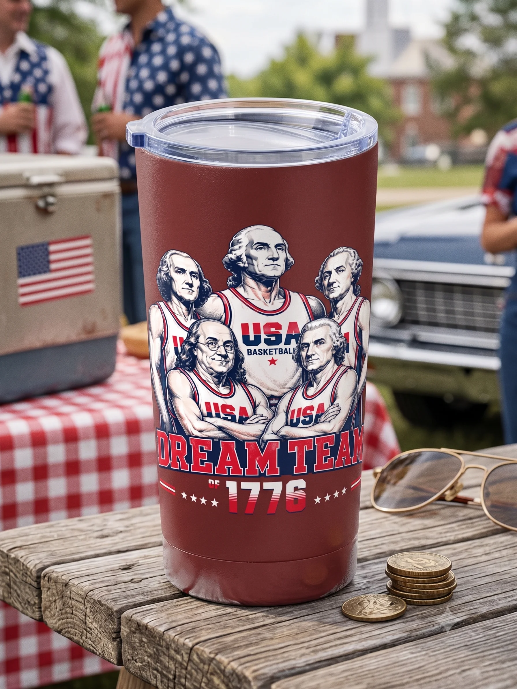 20oz Stainless Steel Tumbler with Lid - USA Dream Team of 1776 Founding Fathers Basketball, Funny Patriotic Insulated Travel Cup by BoldPixel product image (1)