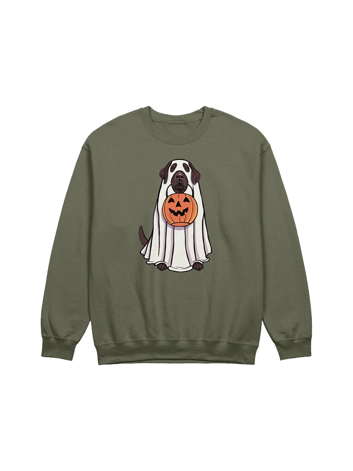 Funny Halloween Labrador Retriever(Chocolate) Sweatshirt | Funny Labrador Wearing a Ghost Costume and Holding a Pumpkin Basket product image (1)