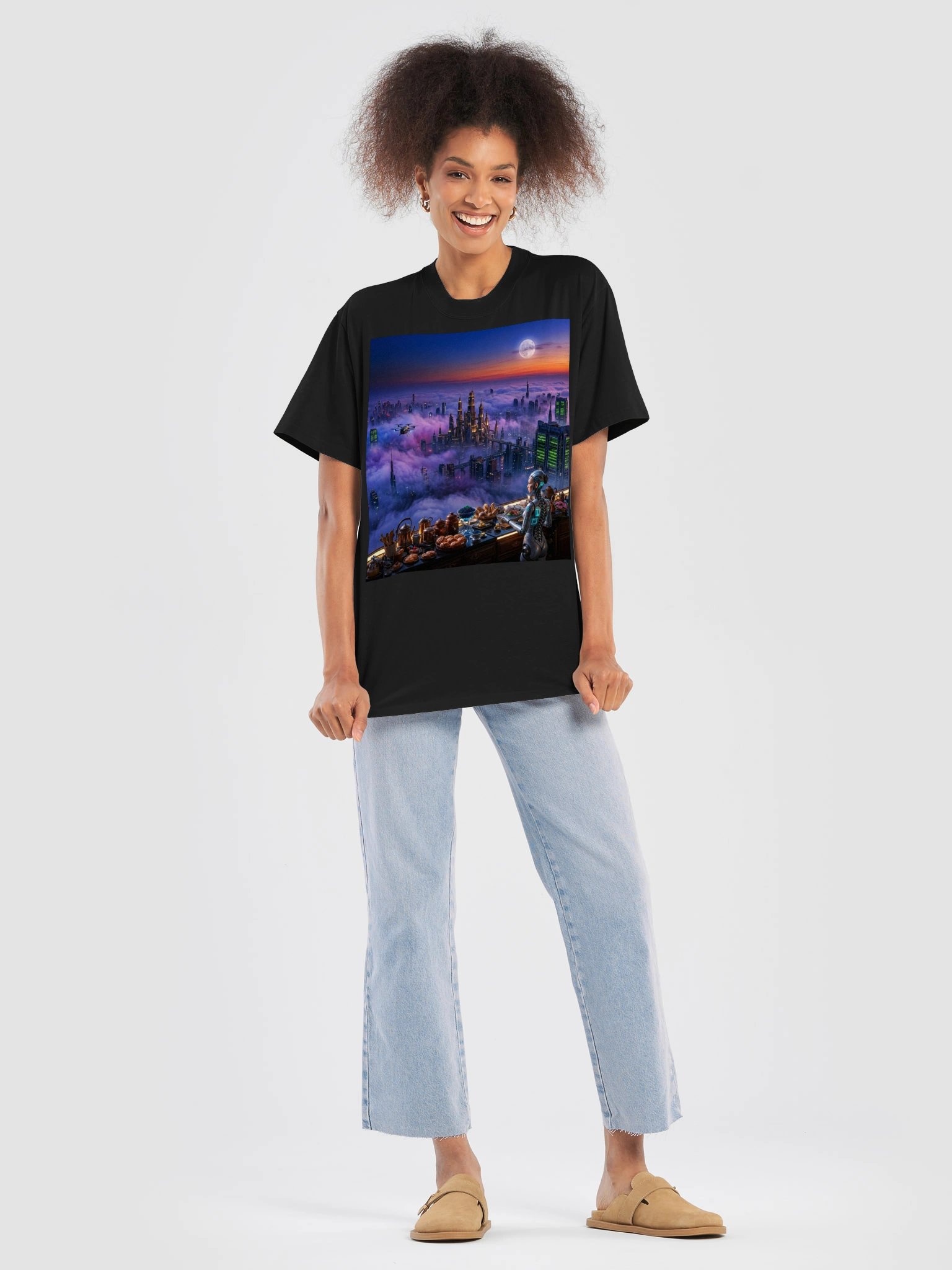 Gift for Sci-Fi Fans | Cozy Cyberpunk Robot Breakfast Oversized Faded T-Shirt | Futuristic Techwear Streetwear Gift product image (8)