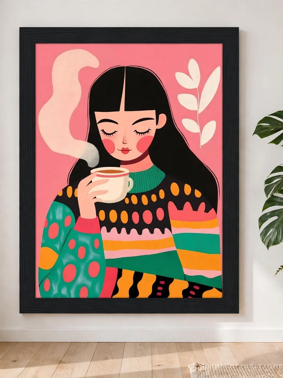 Cozy Coffee Girl - Colorful Boho Wall Art Print | Pink Pastel Illustrative Poster product image (1)