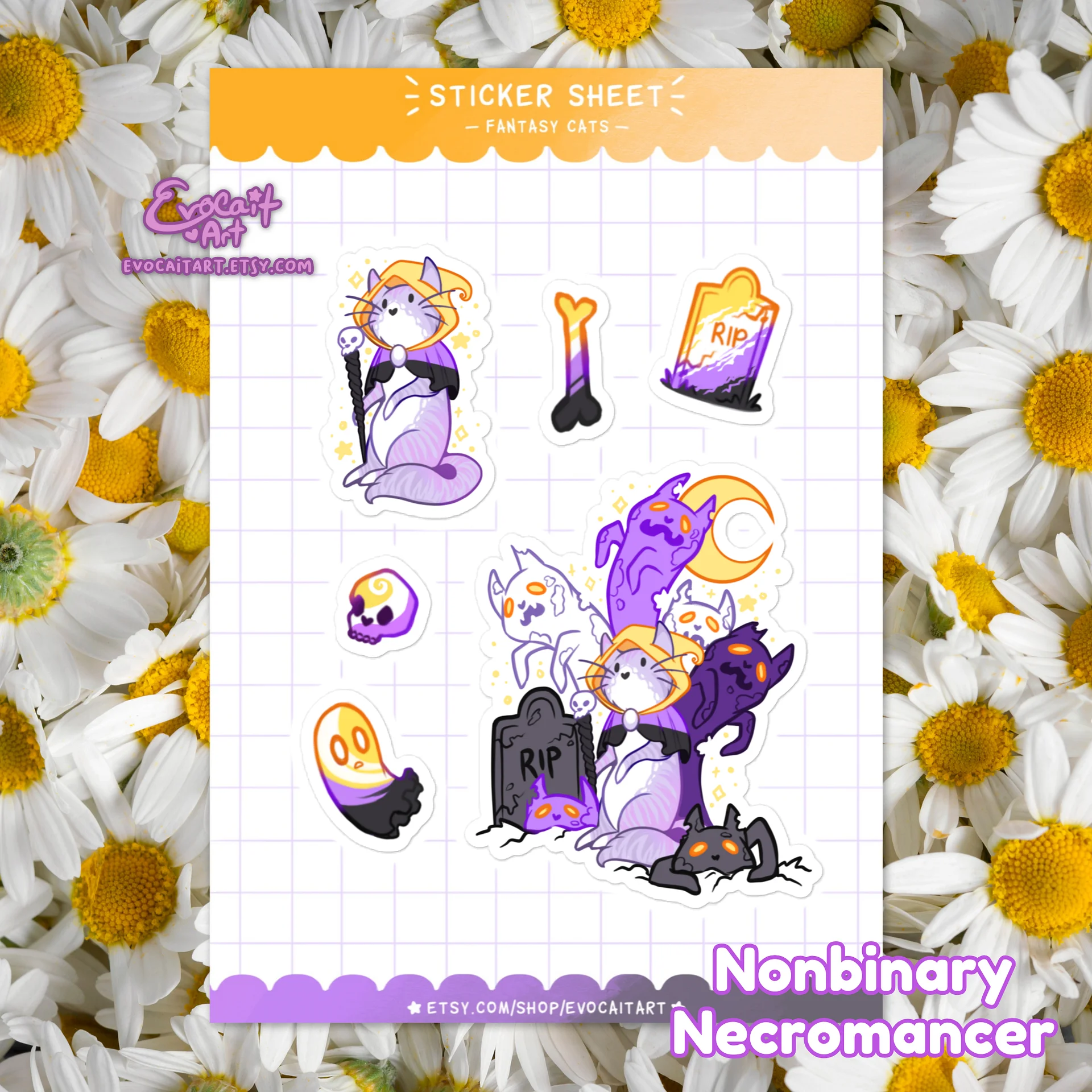 Fantasy Pride Cat Sticker Sheet: Nonbinary Necromancer product image (1)