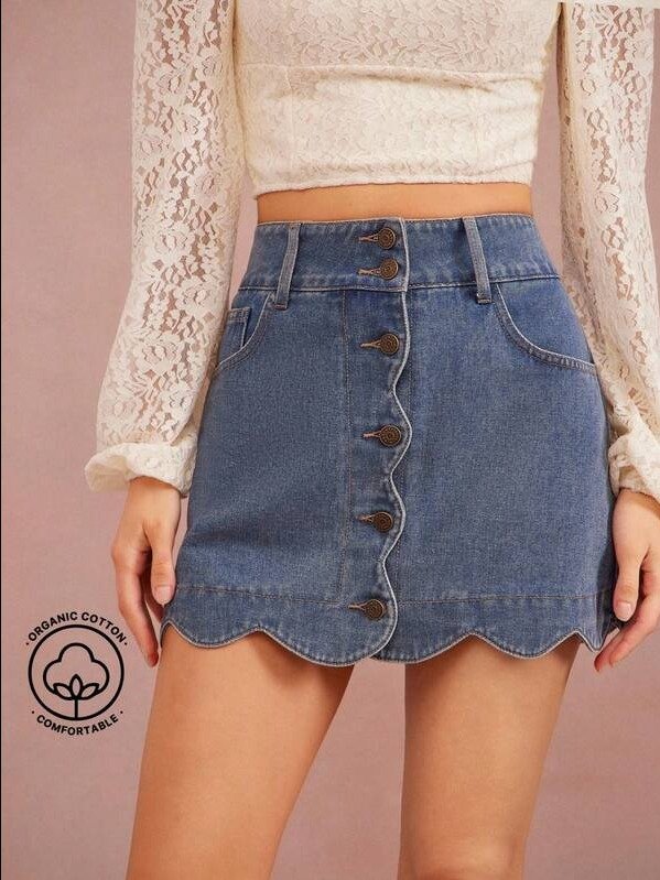 ADLEST High Waist Button Front Cute Scalloped Western Denim A Line Mini Skirt, Summer Beach Vacation Brunch product image (1)