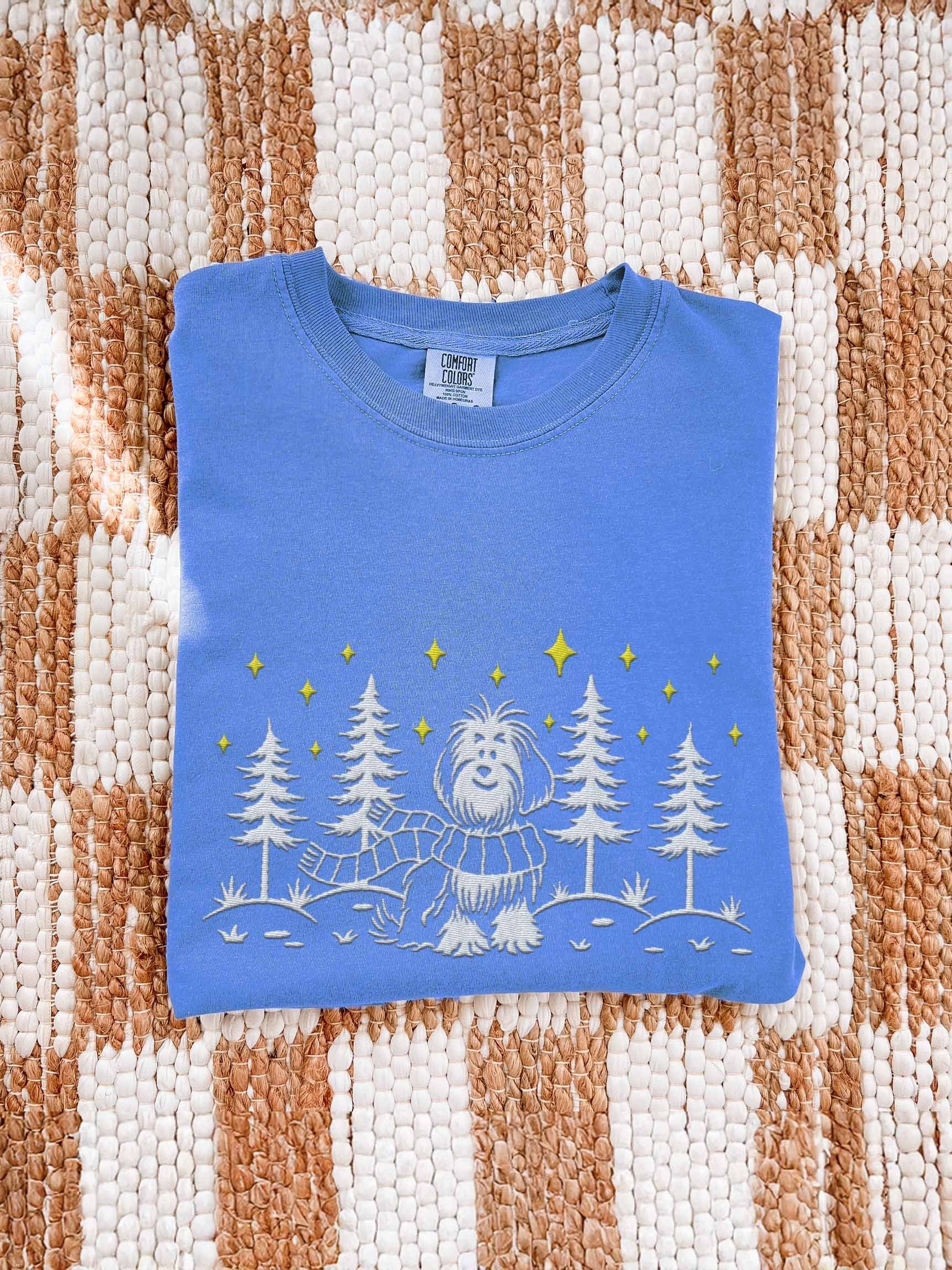 Old English Sheepdog Winter/Christmas Line Art Design Embroidered T-Shirt product image (1)