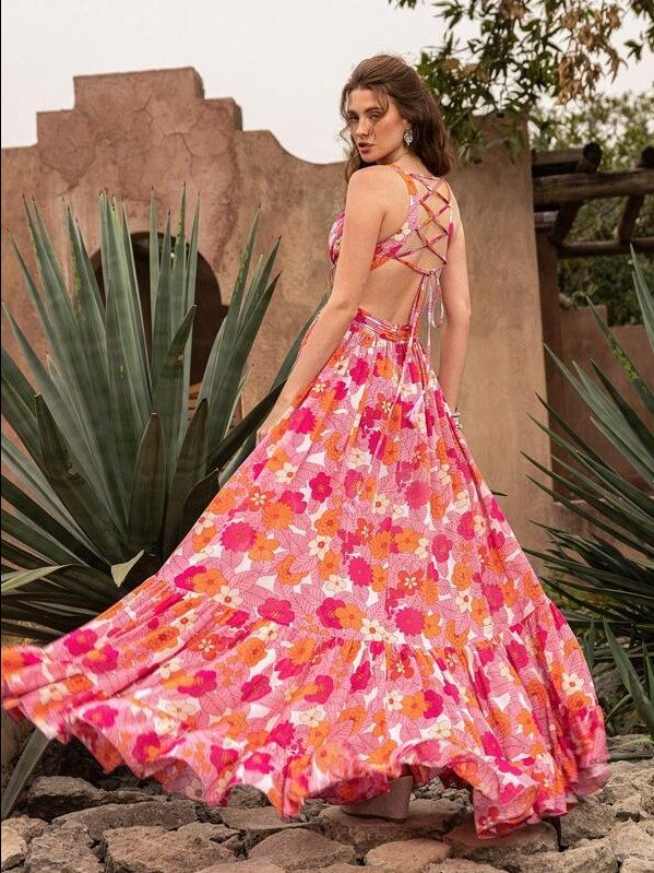 Faeriesty Elegant Women's Deep V-Neck Dress: Printed Dress, Keyhole Cutout Design At Waist, Criss-Cross Open Back, Layered Ruffle product image (1)