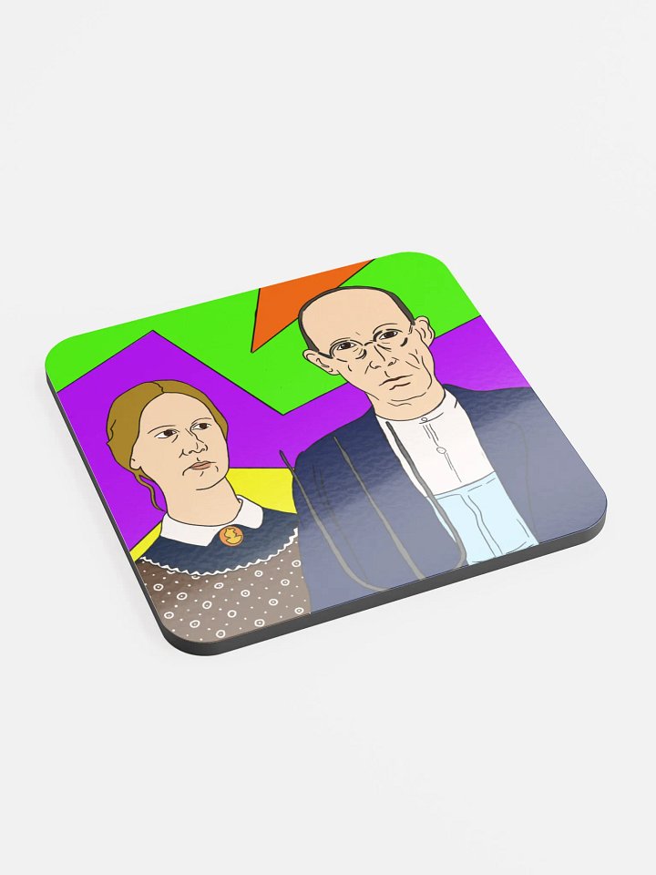 Neon American Gothic Coaster – Modern Cork Art with Retro Farmers product image (2)