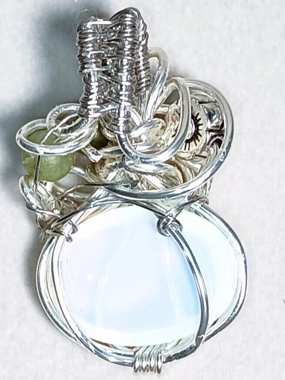 Hand-Wrapped Opalite Pendant | Jade Accent, Silver-Tone | "Luminous Pumpkin" product image (3)