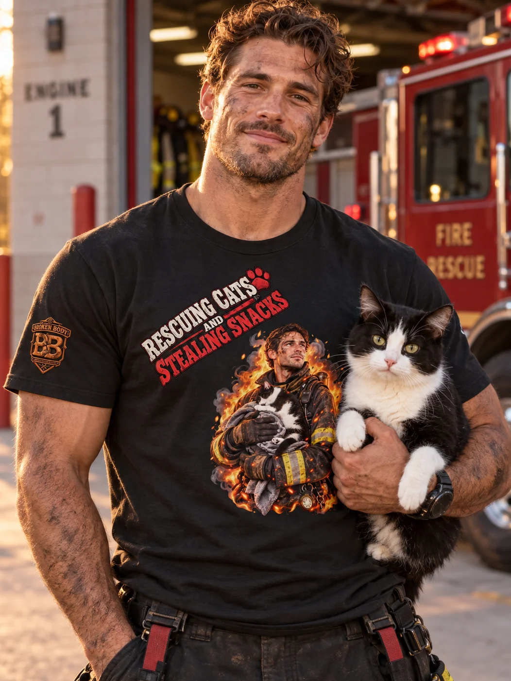 Funny Firefighter Shirt — Rescuing Cats & Stealing Snacks | Flat Out Broken™ product image (1)
