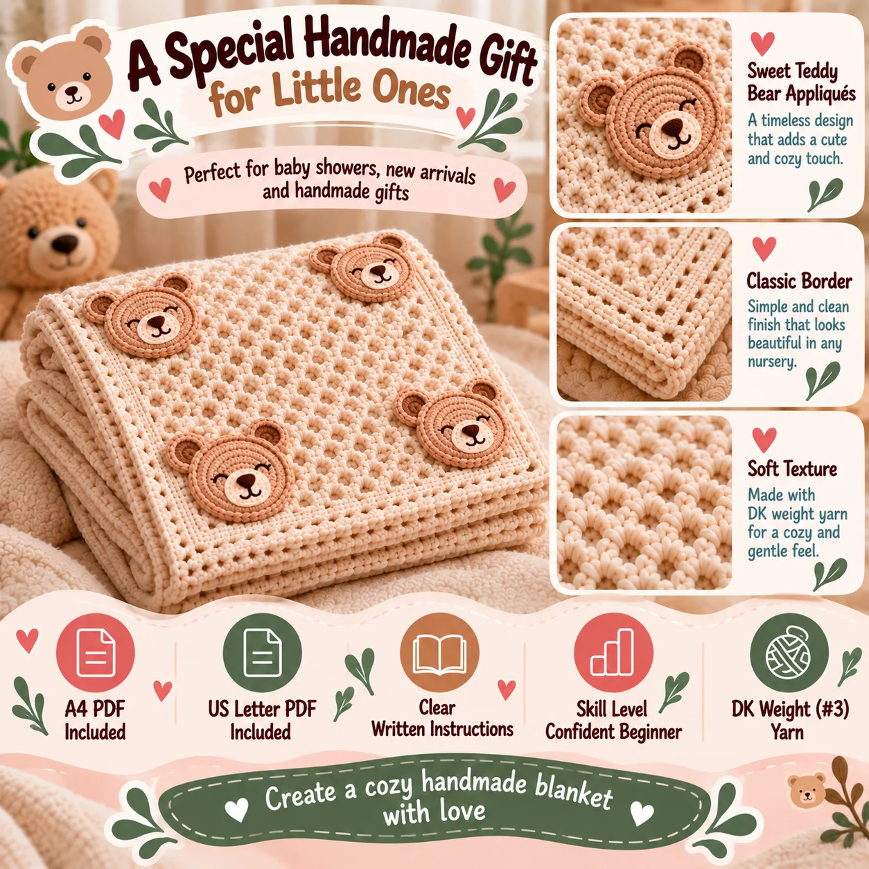 Little Bear Baby Blanket Crochet Pattern PDF – Teddy Bear Appliqué product image (6)