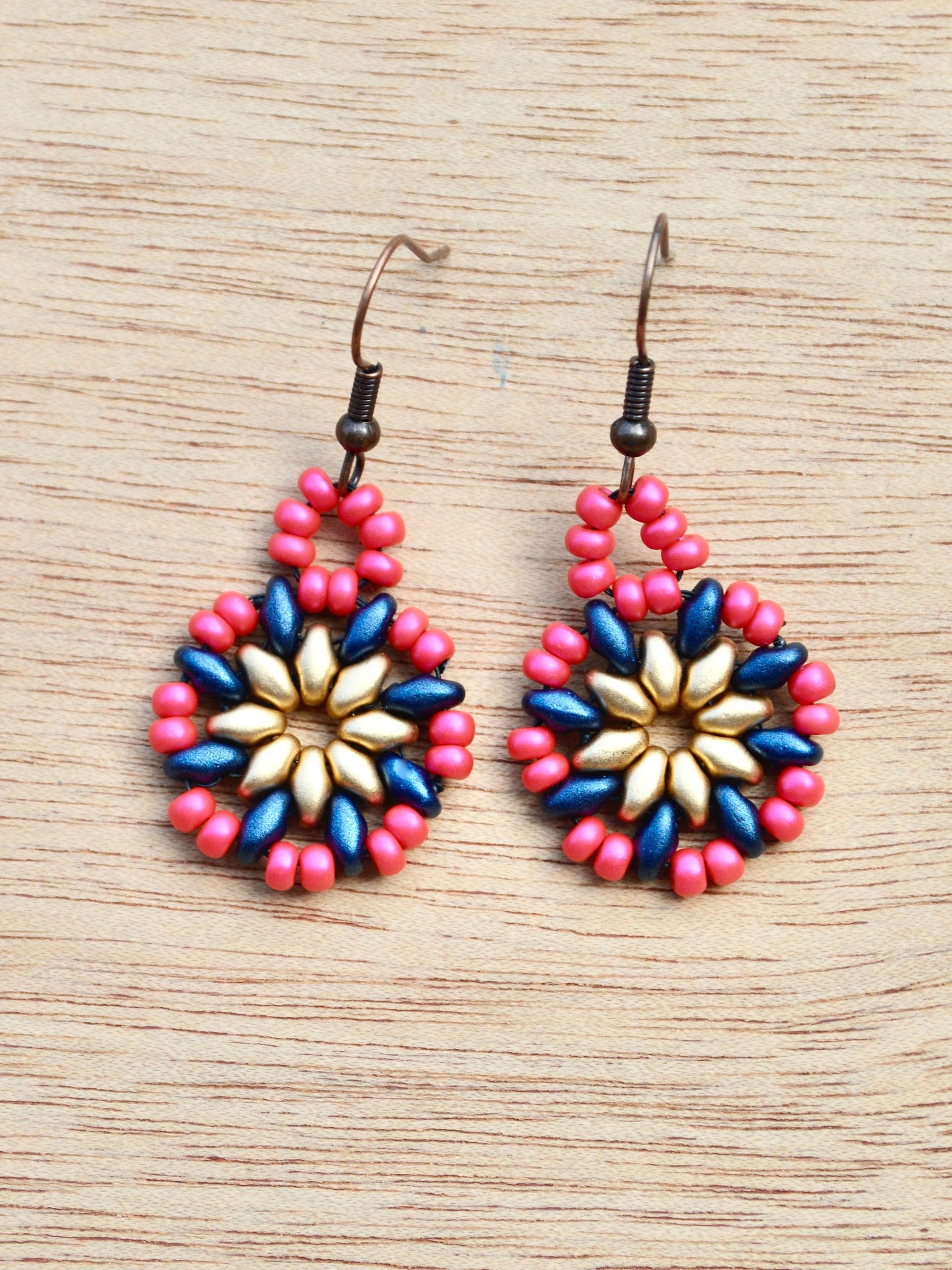 Colorful Pink Gold and Blue Beaded Boho Earrings product image (4)