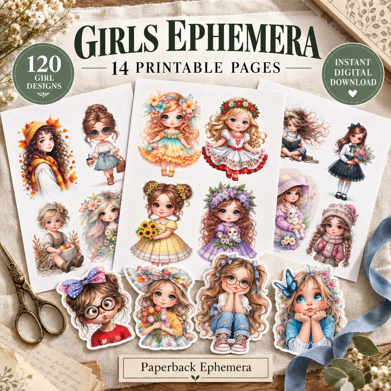 Whimsical Girls Ephemera Printable PDF – 14 Junk Journal Collage Pages product image (1)