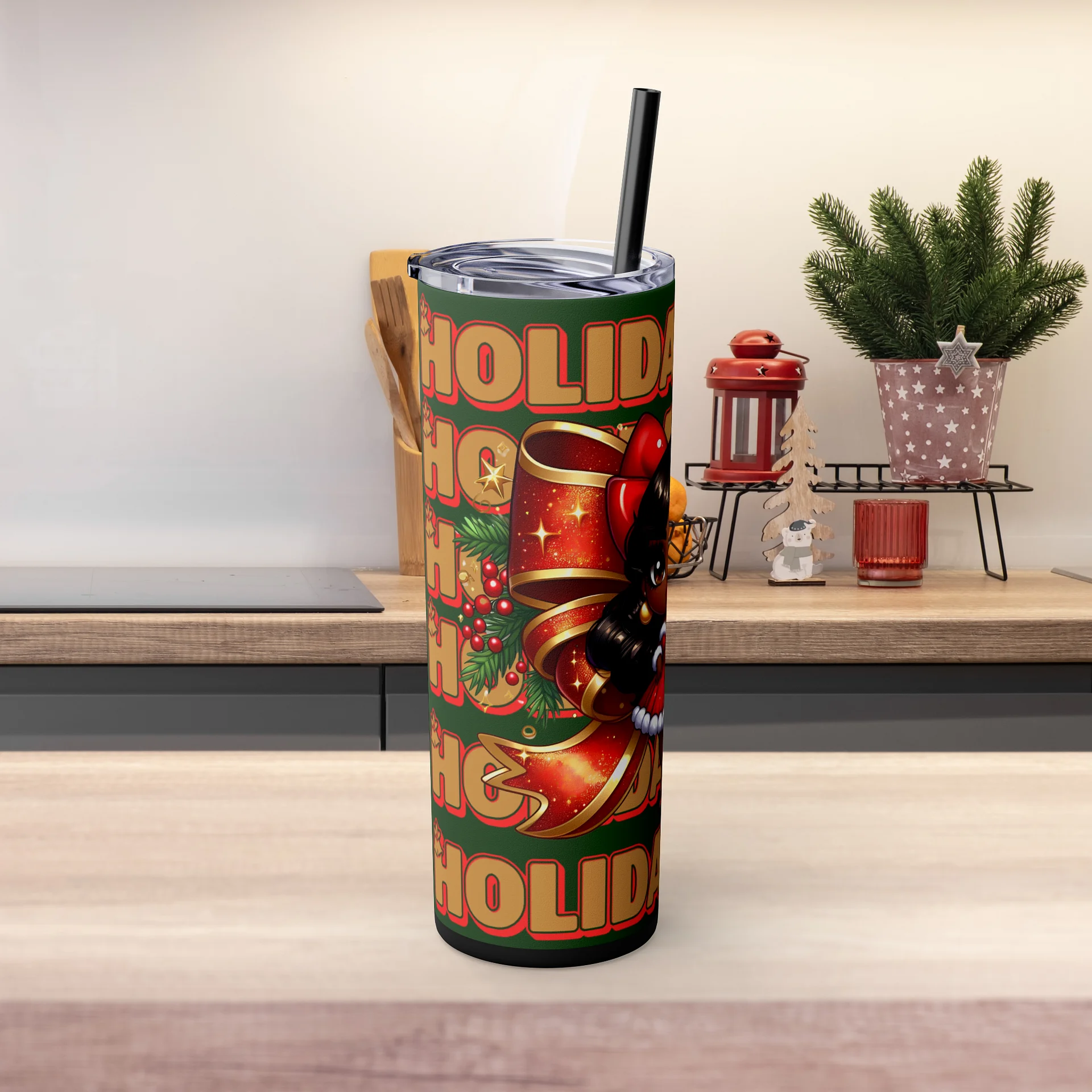 Holiday Bliss Christmas Tumbler Wrap Design, Festive Black Girl Clipart, Christmas Bow Sublimation PNG, Red and Green Holiday Cheer Art product image (3)
