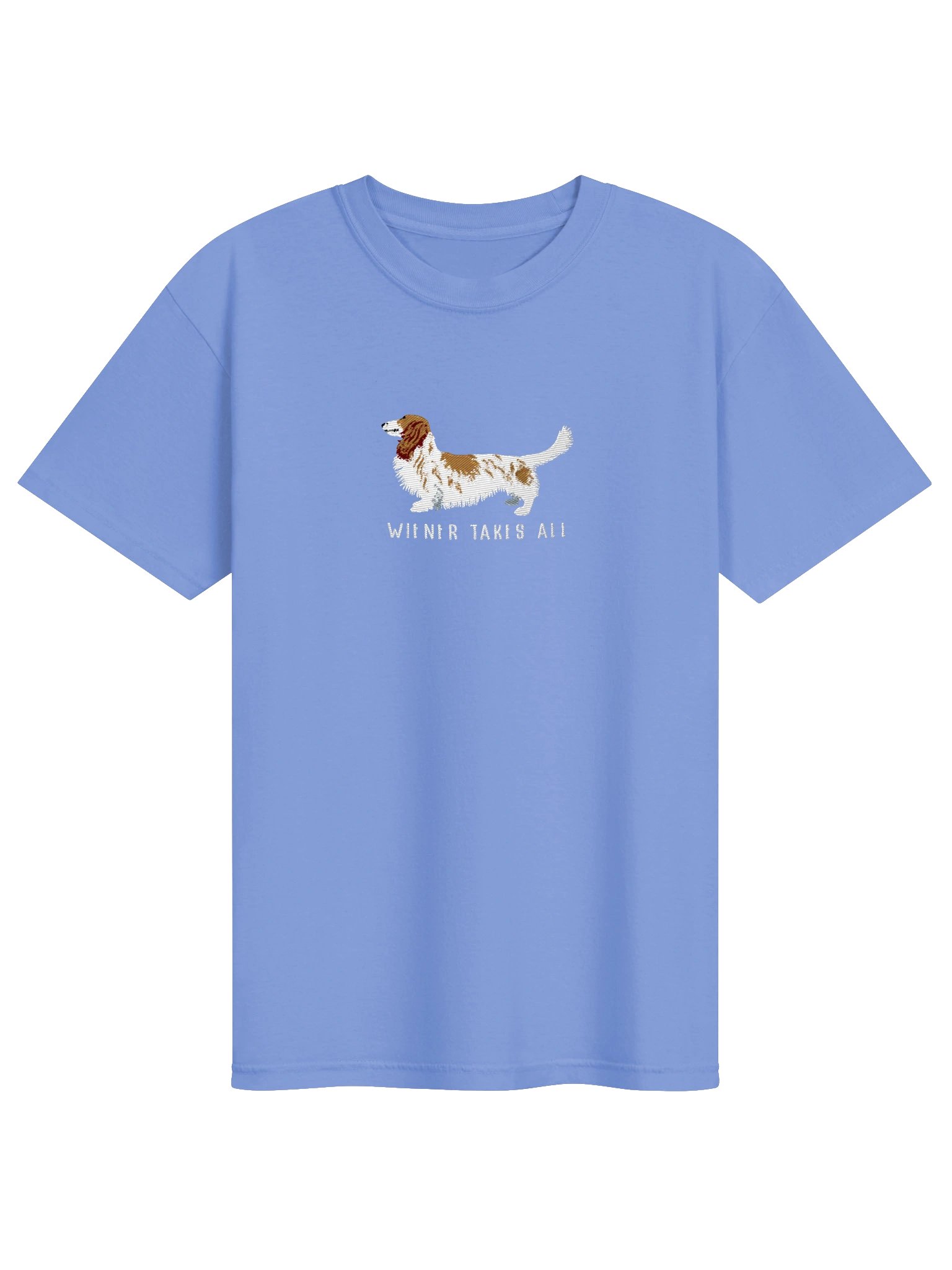 Wiener Takes All T-Shirt(Embroidered) of a Longhaired Dachshund(Pied Brown & White) product image (33)