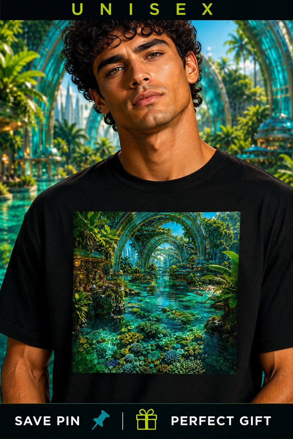 Futuristic Tropical Utopia T-Shirt | Turquoise Lagoon & Coral City Graphic Tee | Unisex Oversized product image (1)