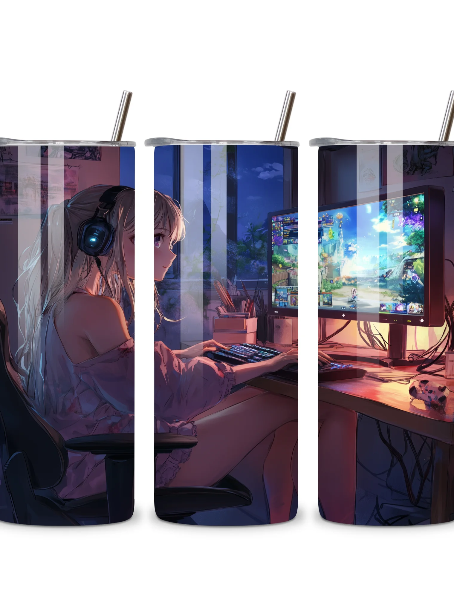 Anime Gamer Girl 20oz Skinny Tumbler with Metal Straw – Vibrant Gaming Setup Design – Double-Walled Insulated Stainless Steel Tumbler Gift for Anime and Gaming Fans (Anime Girl 1) product image (4)