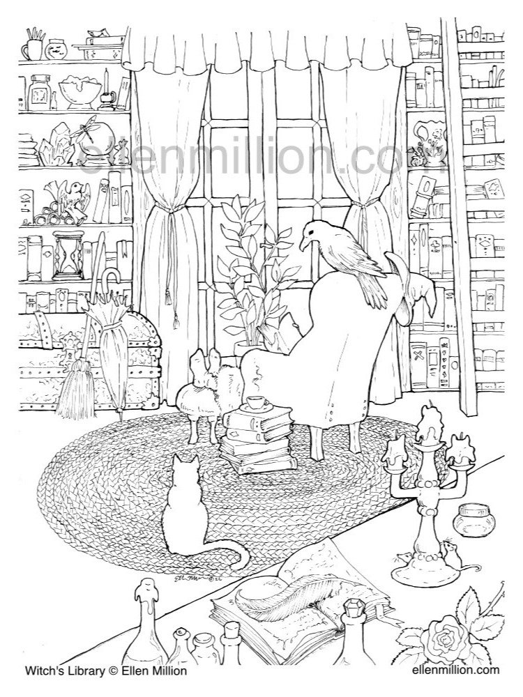 Witch's Library - Digital Coloring Page product image (1)