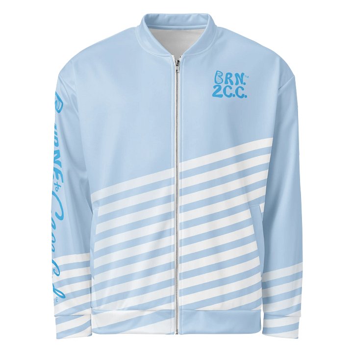 All-Over Print Bomber Jacket | Coastal Cool, City Bold | BOURNE to Cape Cod™ + BRN.2C.C.™ Style | Deep Sky Blue Logos on Skyline Stripes product image (1)