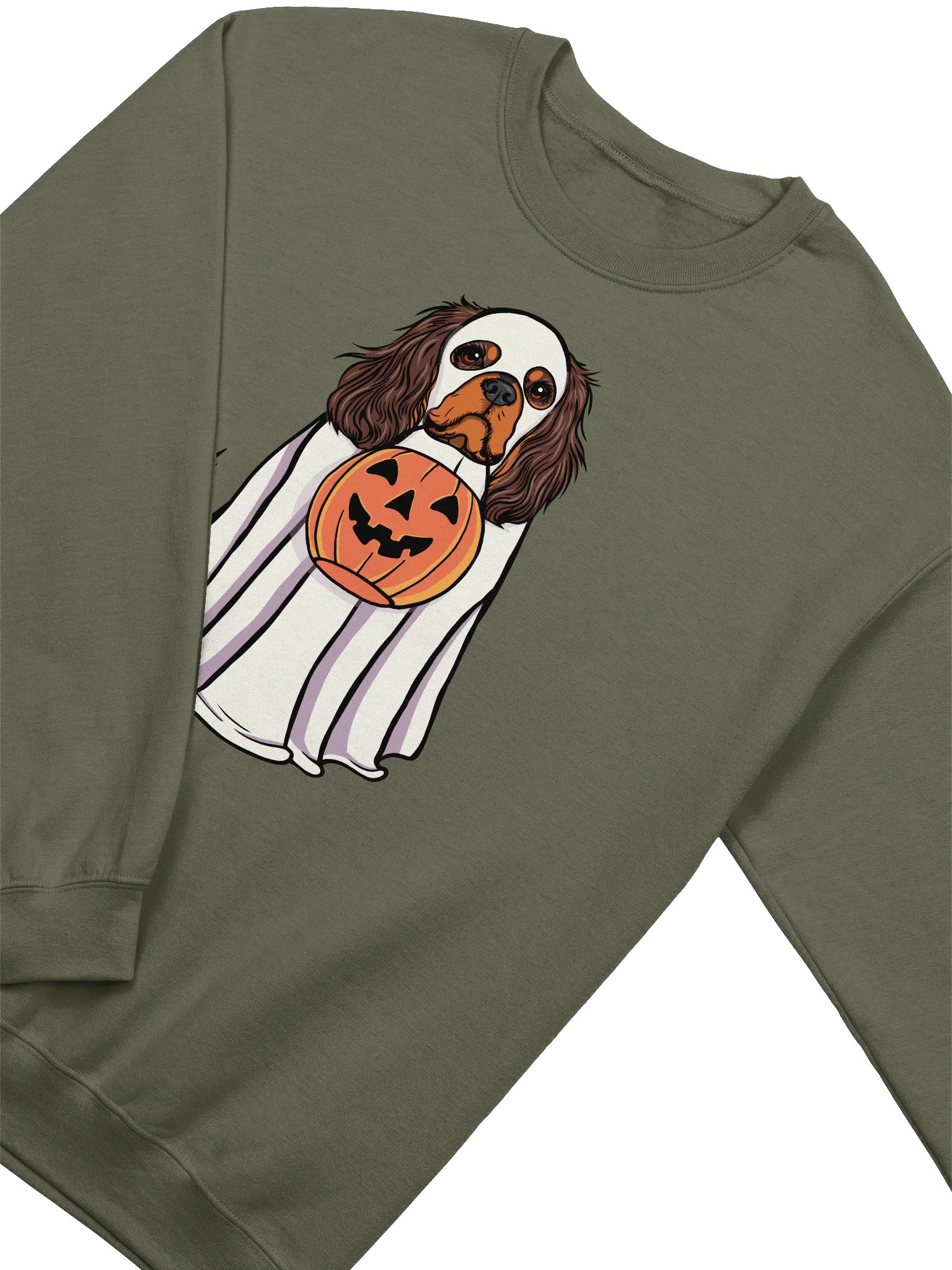 Funny Halloween Cavalier King Charles Spaniel(Brown & Tan) Sweatshirt | Funny Cavalier Wearing a Ghost Costume and Holding a Pumpkin Basket product image (4)