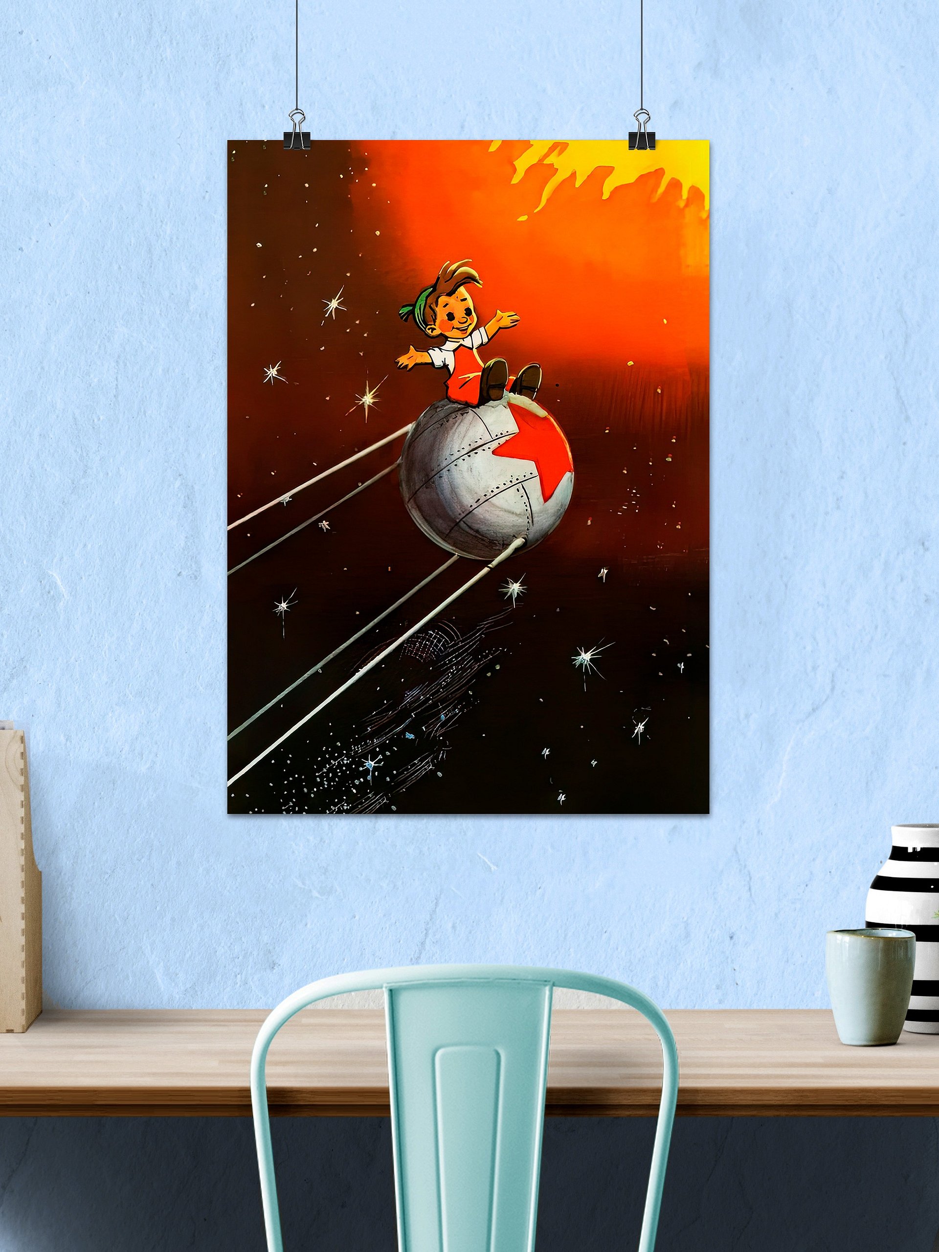 Murzilka on a Sputnik, USSR 1960 — Soviet vintage space art poster, soviet poster, propaganda poster, soviet retro space, space wall art product image (2)