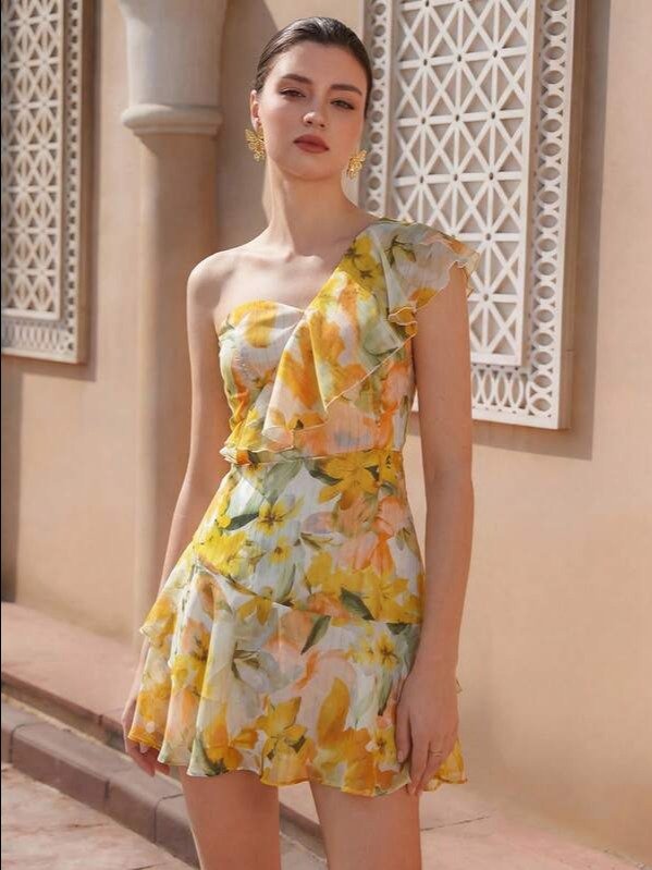 White & Yellow Floral Chiffon Mini Dress | One Shoulder Ruffle Hem | ADLEST product image (1)