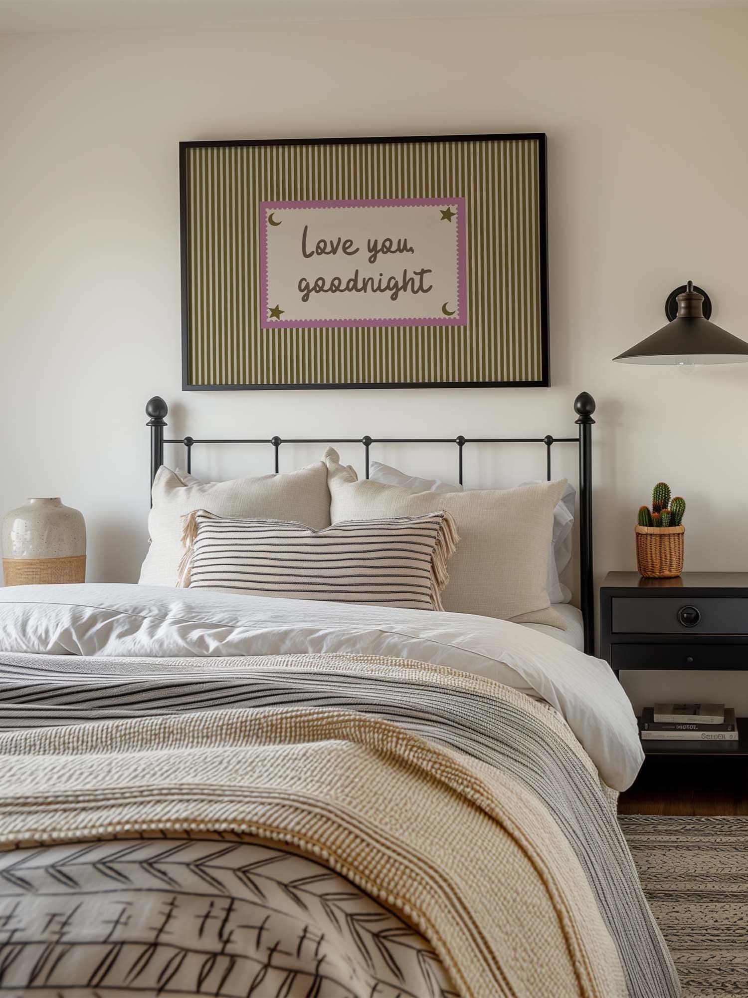 Love You Goodnight Print, Retro Striped Moon Star Wall Art, Handwritten Quote, Neutral Nursery Bedroom Decor, Horizontal Digital Download product image (5)
