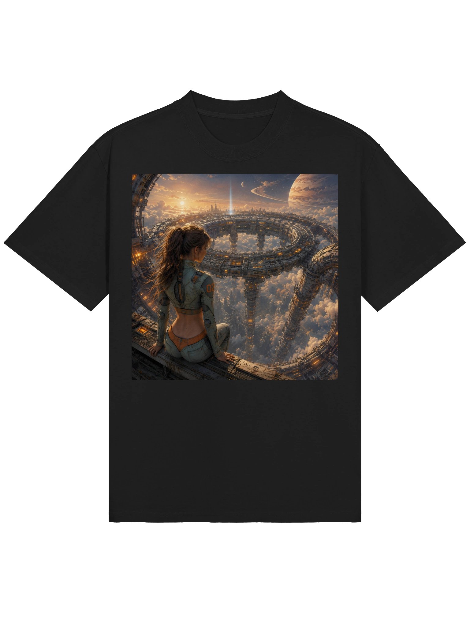 Futuristic Space Station Sci-Fi Graphic | Cosmic Cyberpunk Oversized T-Shirt product image (3)