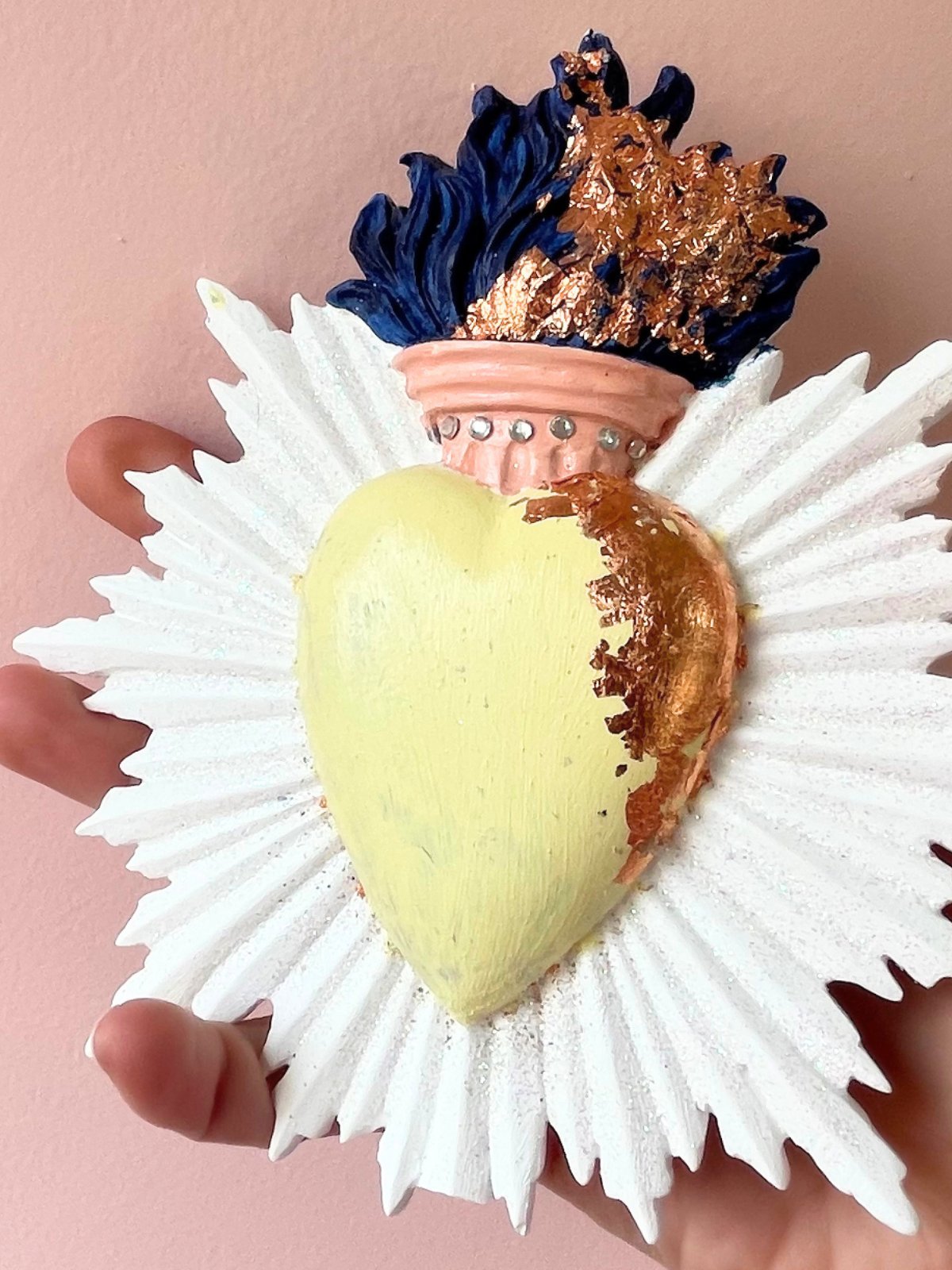 Sacred Heart Wall Decor, Blue Flame Ex Voto Heart, Pastel Christian Art product image (3)
