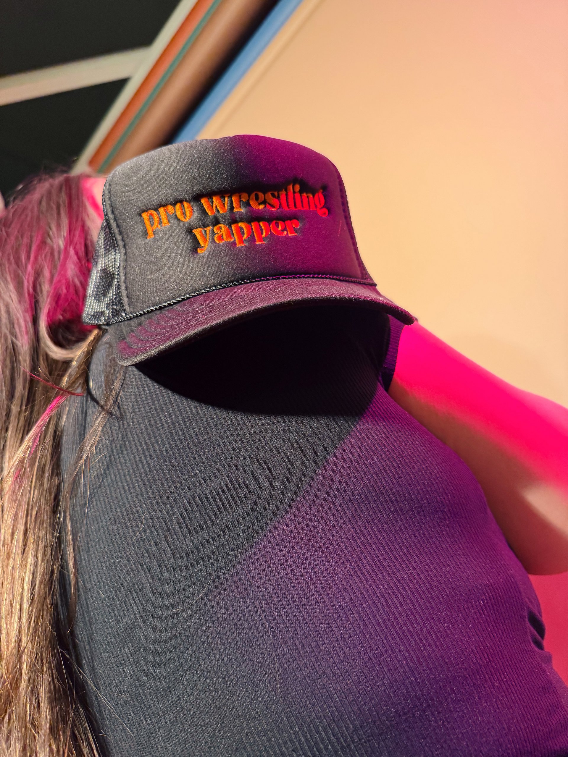 Pro Wrestling Yapper Embroidered Trucker Hat (Tangerine Font) product image (4)