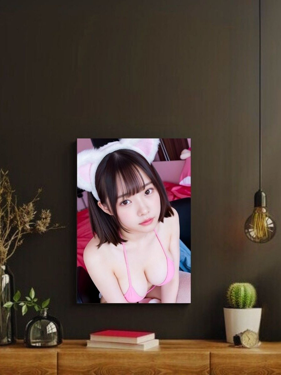 Kawaii Cat Ears Girl 8x10 Metal Wall Art – Pink Bikini Japanese Metal Poster product image (2)