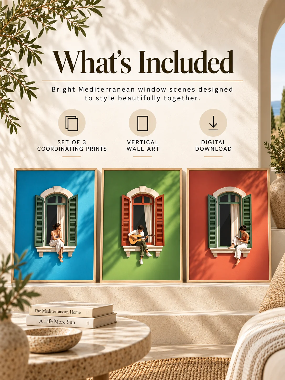 Mediterranean Window Wall Art Set of 3, Colorful Figurative Prints, Italian Coastal Decor, Sunlit Woman Guitar Printable product image (6)