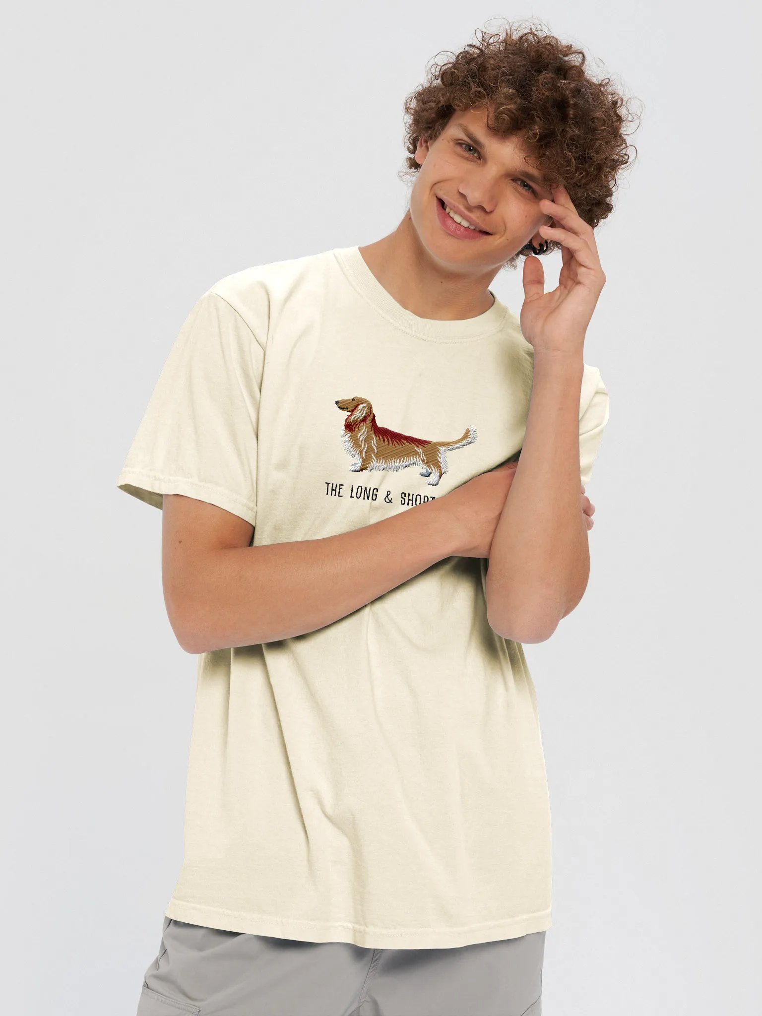 The Long & Short of It T-Shirt(Embroidered) of a Longhaired Dachshund(Fawn) product image (2)