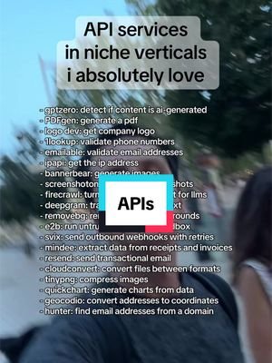 20 single-purpose APIs that each replace something you’d otherwise build from scratch One job, done well: → gptzero: detect AI-generated content → PDFgen: generate PDFs → logo dev: get any company logo → 1lookup: validate phone numbers → emailable: validate email addresses → ipapi: get IP address data → bannerbear: generate images → screenshotone: capture screenshots → firecrawl: turn a URL into clean text for LLMs → deepgram: transcribe audio to text → removebg: remove image backgrounds → e2b: run untrusted code in a sandbox → svix: send webhooks with retries → mindee: extract data from receipts and invoices → resend: send transactional email → cloudconvert: convert files between formats → tinypng: compress images → quickchart: generate charts from data → geocodio: convert addresses to coordinates → hunter: find emails from a domain #javascript #programming #api 