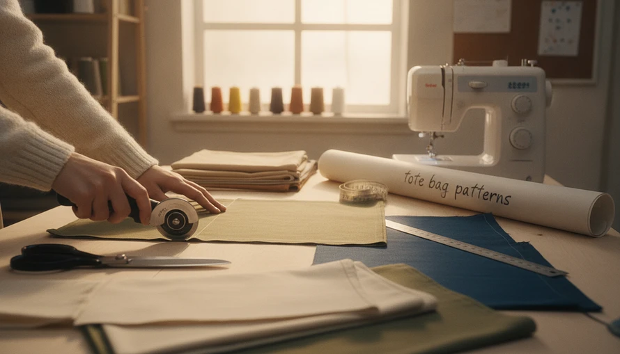 A well-organized sewing workspace featuring step-by-step instructions for cutting fabric for tote bags. In the foreground, a wooden cutting board displays neatly arranged fabric pieces, scissors, a rotary cutter, and measuring tape, all in a professional setting. In the middle, a pair of hands in modest casual clothing demonstrates precise cutting techniques on the fabric, showcasing the intricate details of the process. The background features a softly lit sewing table with spools of thread, a sewing machine, and a rolled-up tote bag pattern titled "tote bag patterns." Warm, inviting lighting creates a cozy atmosphere, emphasizing a beginner-friendly vibe. The angle captures the action while ensuring clarity on the fabric cutting technique, with no text, signatures, or distractions.