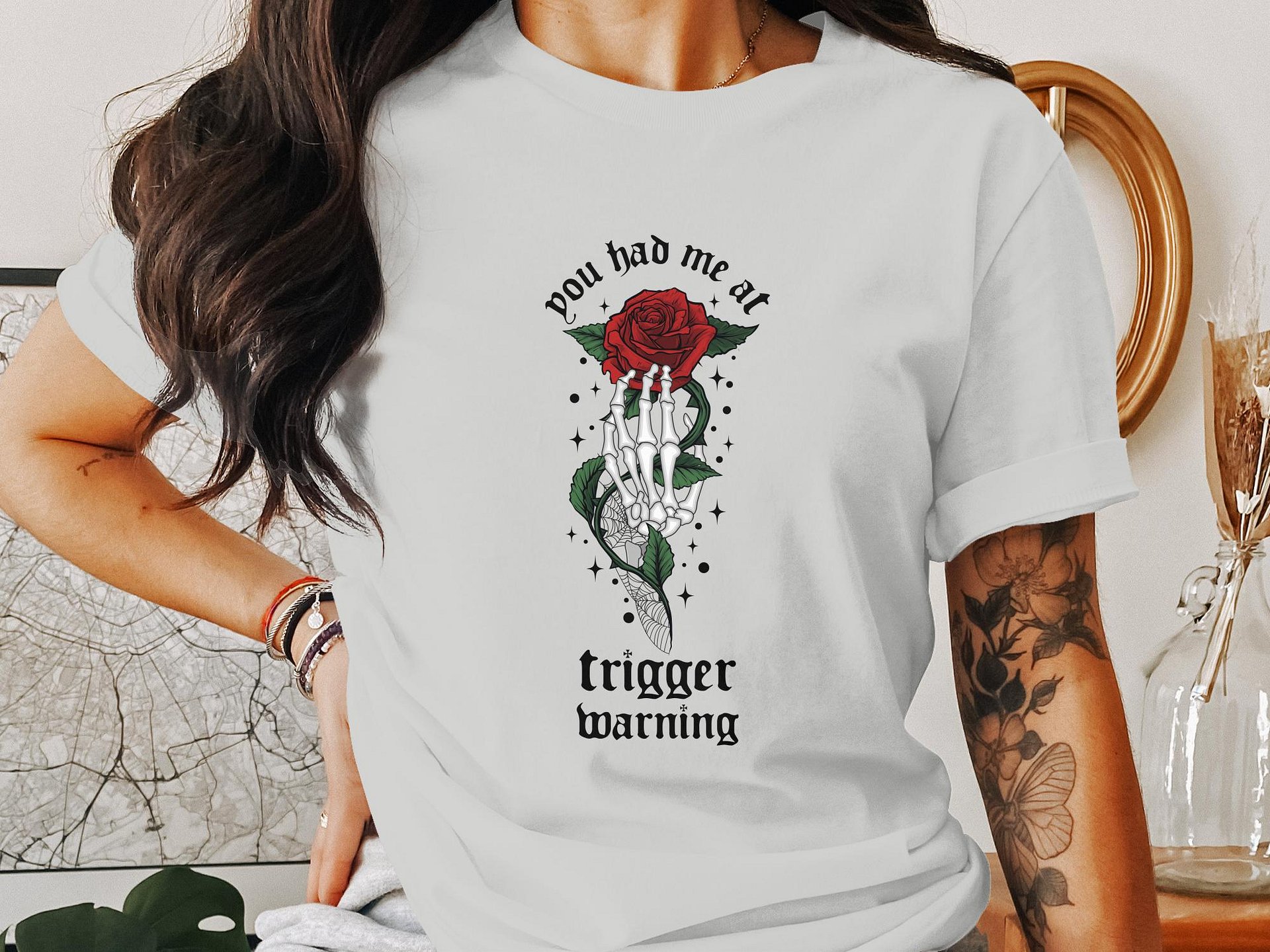 Cat and Mouse, Trigger Warning, Dark Romance Book Lover Line Art PNG, Skeleton Rose Sublimation Design Shirt, Sticker, Digital Download product image (3)