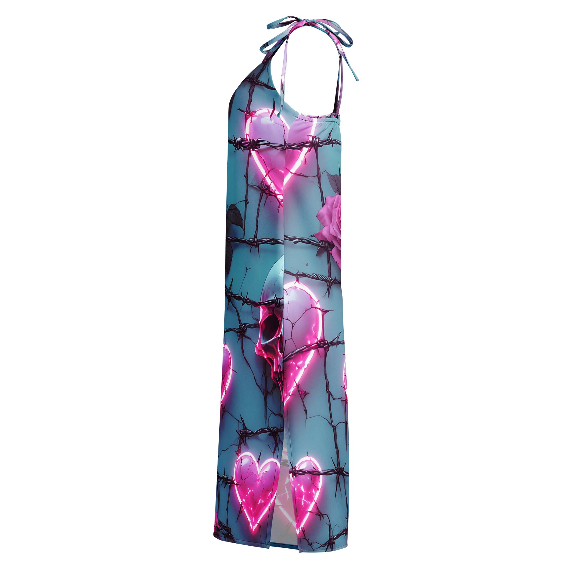 Neon Barbed Rose Heart Midi Slip Dress - Glow Pink Shattered Hearts & Roses Chiffon Halter Dress with Slit product image (3)