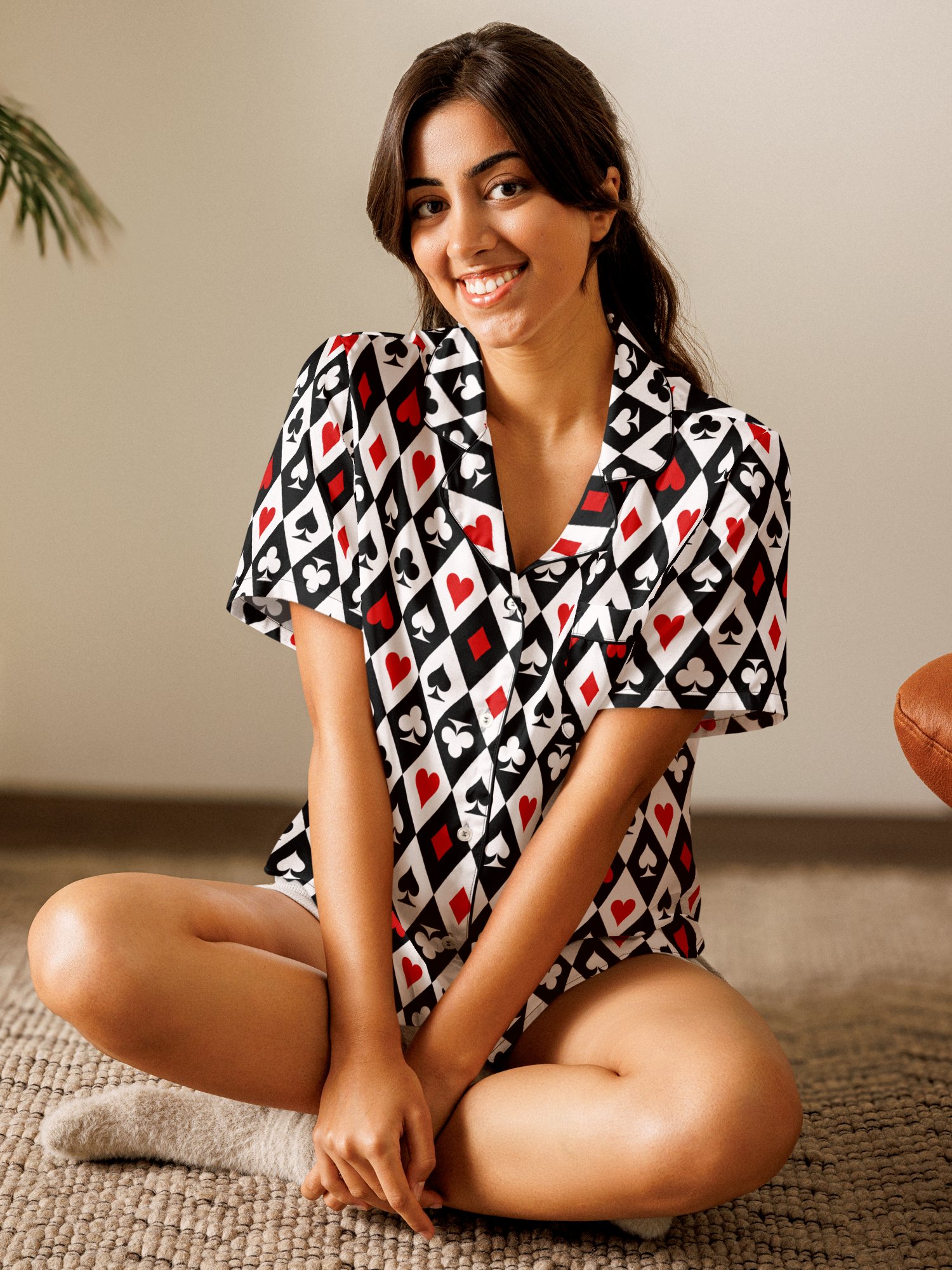 Retro Playing Card Suits Argyle All-Over Print Pajama Shirt product image (9)
