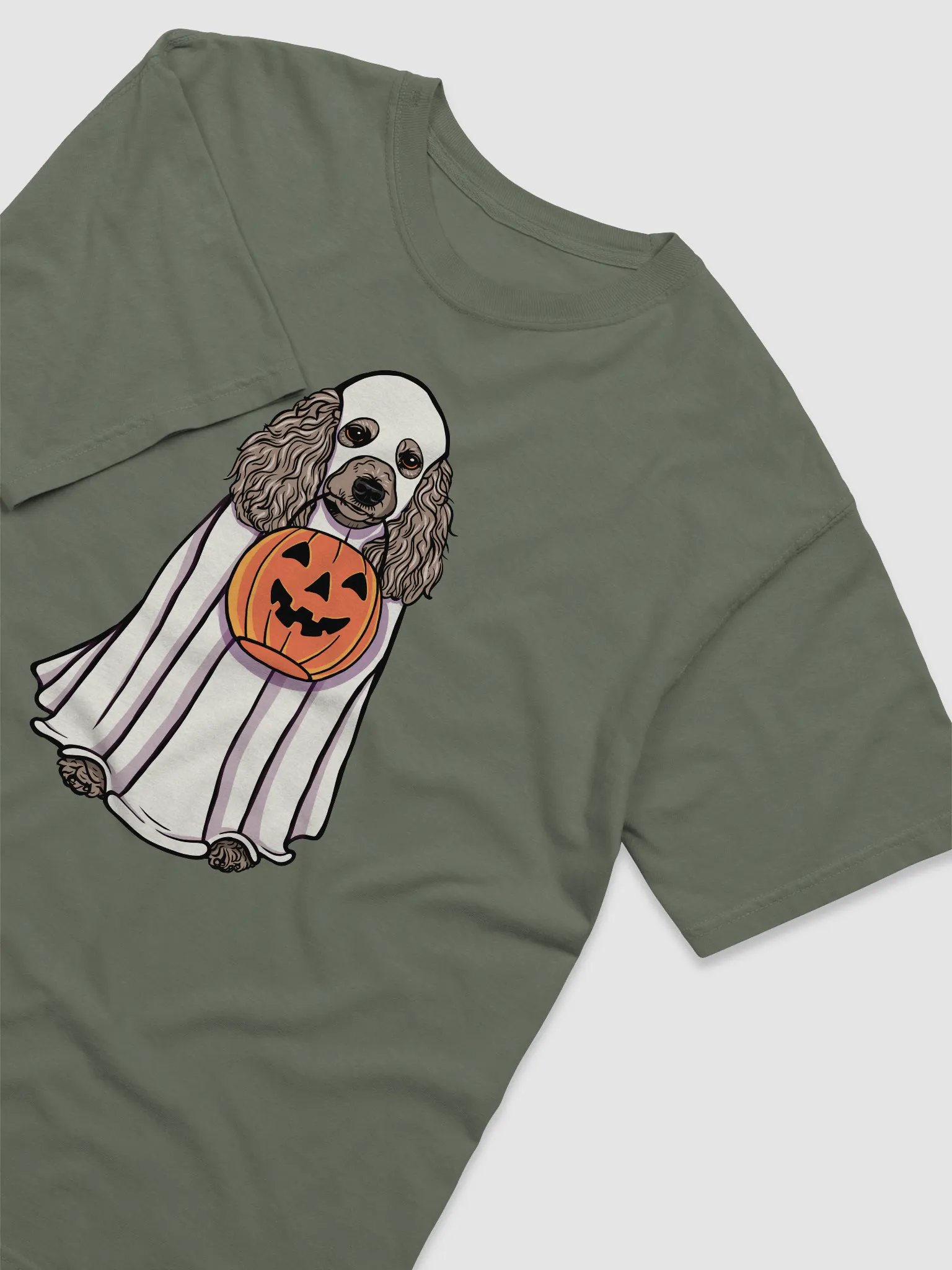 Funny Halloween Poodle(Apricot) T-Shirt | Funny Papillon Wearing a Ghost Costume and Holding a Pumpkin Basket product image (6)