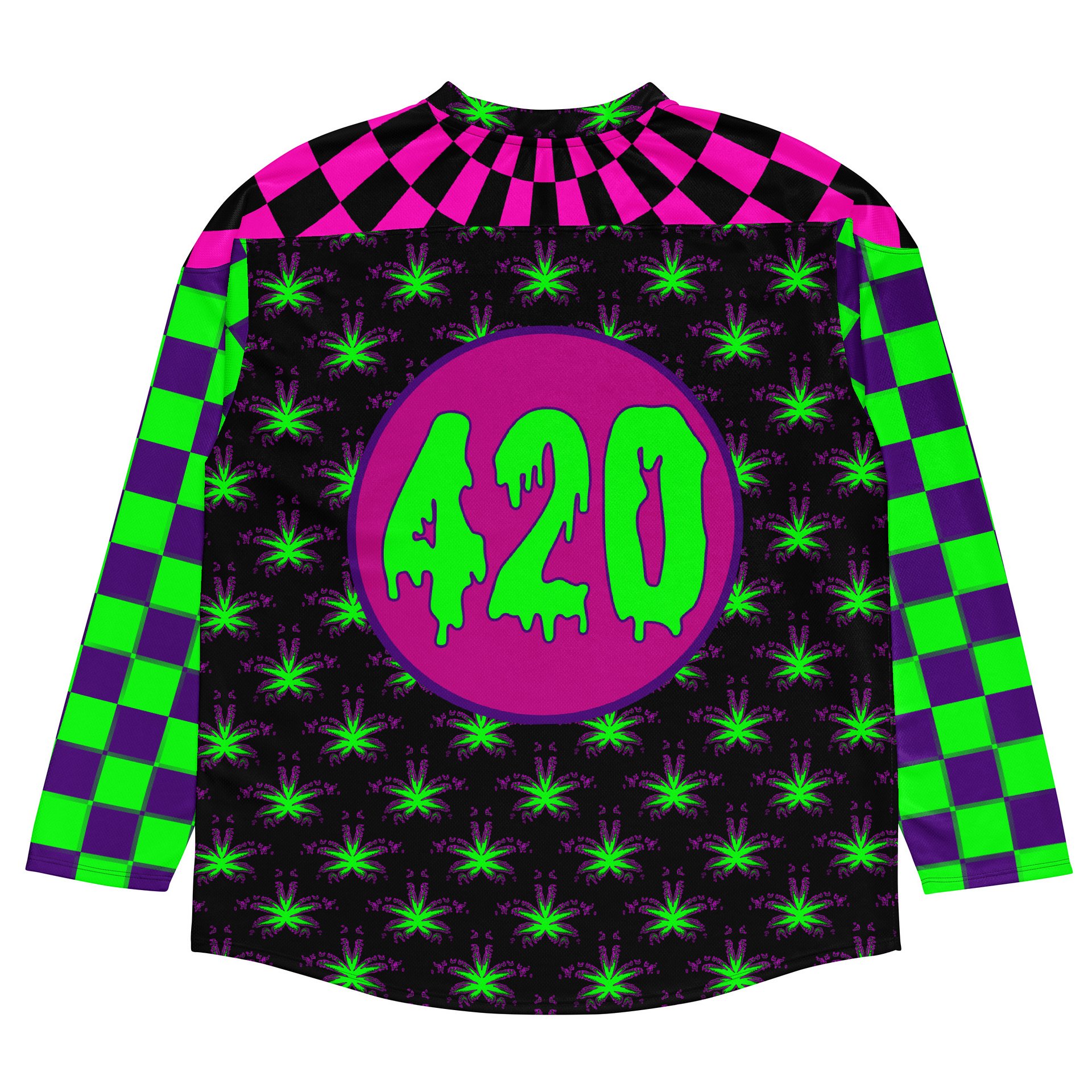 Cannabis 420 Hockey Jersey, Pot Leaf Stoner Clothes, Weird Weed EDM Rave Shirt, Neon 90s Checkers Retro Fashion, Alt Techno Dance Party Wear product image (4)