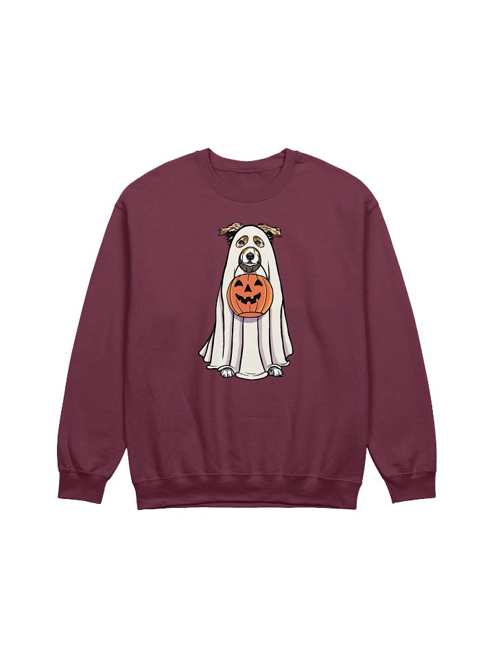 Funny Halloween Australian Shepherd(Red Merle) Sweatshirt | Funny Aussie Wearing a Ghost Costume and Holding a Pumpkin Basket product image (1)