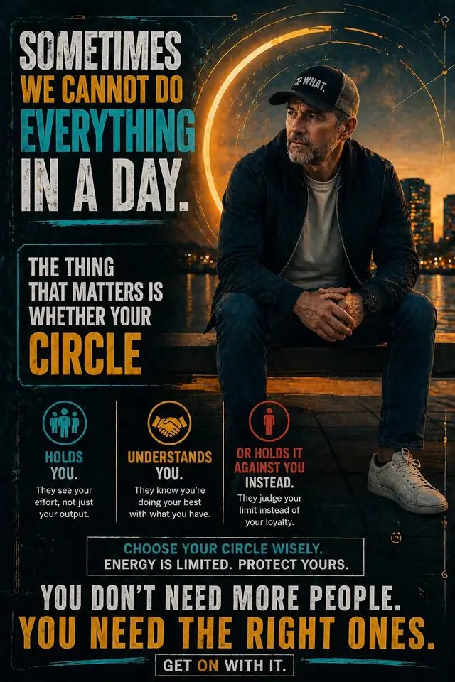 Sometimes… you cannot do everything in a day. And that doesn’t mean you’re lazy. It doesn’t mean you don’t care. It means you’re human. You’ve only got so much energy. So much focus. So much headspace. And the thing that really matters… Is the circle around you. Do they hold you? Do they understand you? Do they see the effort you’re making… Or do they hold it against you instead? Because the wrong people will judge your limits… But the right people will protect your peace. They won’t punish you for being tired. They won’t make you feel guilty for needing space. They’ll understand that you’re doing your best with what you’ve got. So choose your circle wisely. You don’t need more people. You need the right ones. Get on with it. #mindset #growth #emotionalintelligence #innerpeace #relationships    