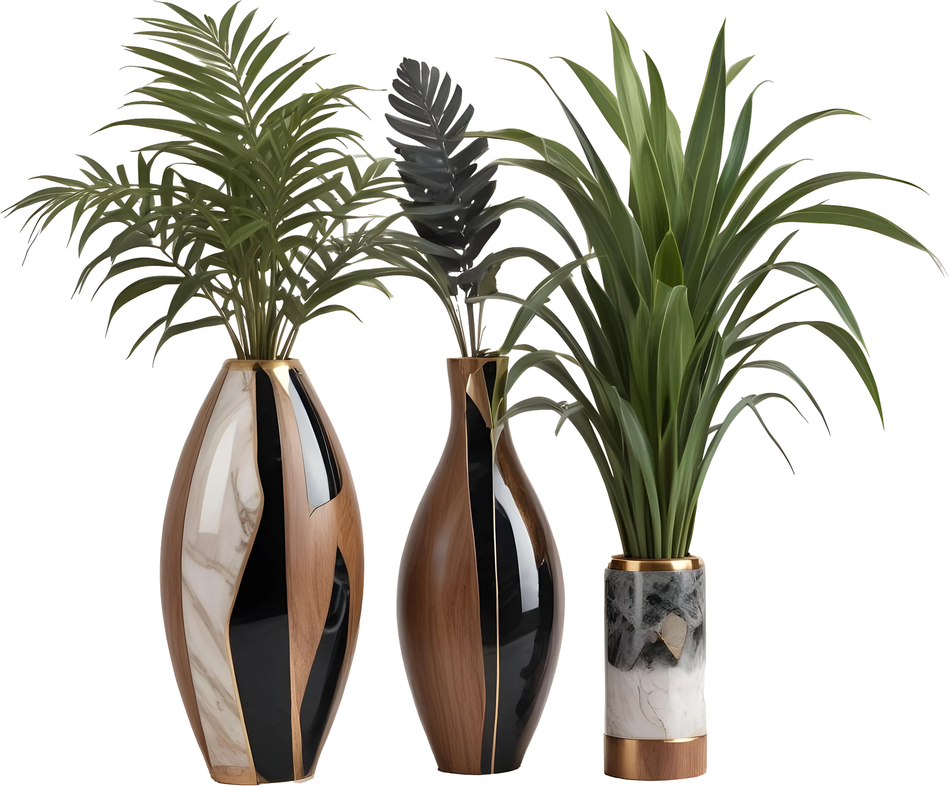 Dream of Eternity Collection – Trio of Art Deco Vases with Greenery – PNG product image (1)