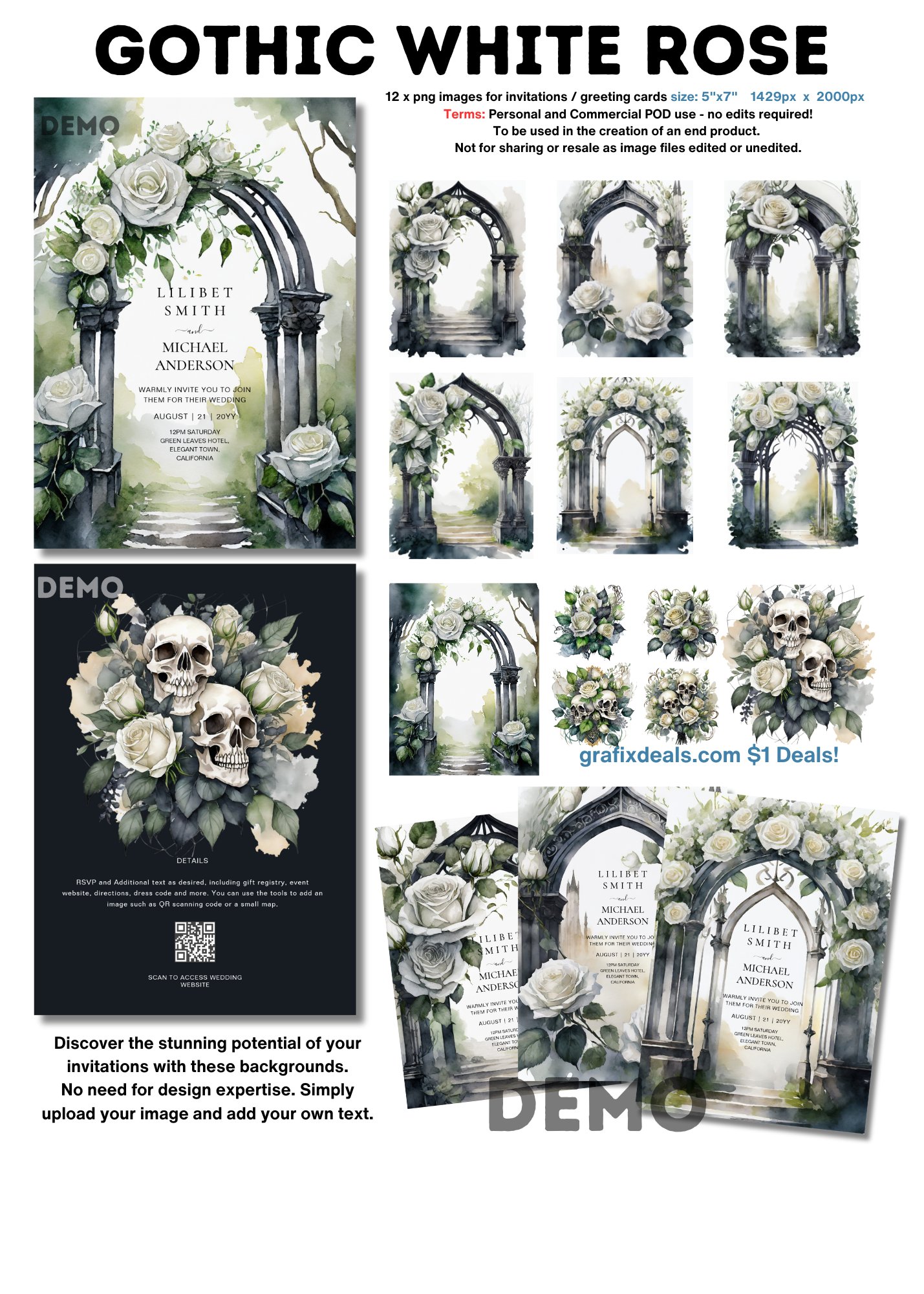 Gothic Wedding Invitations Graphics Bundle Black and White Roses Theme product image (1)