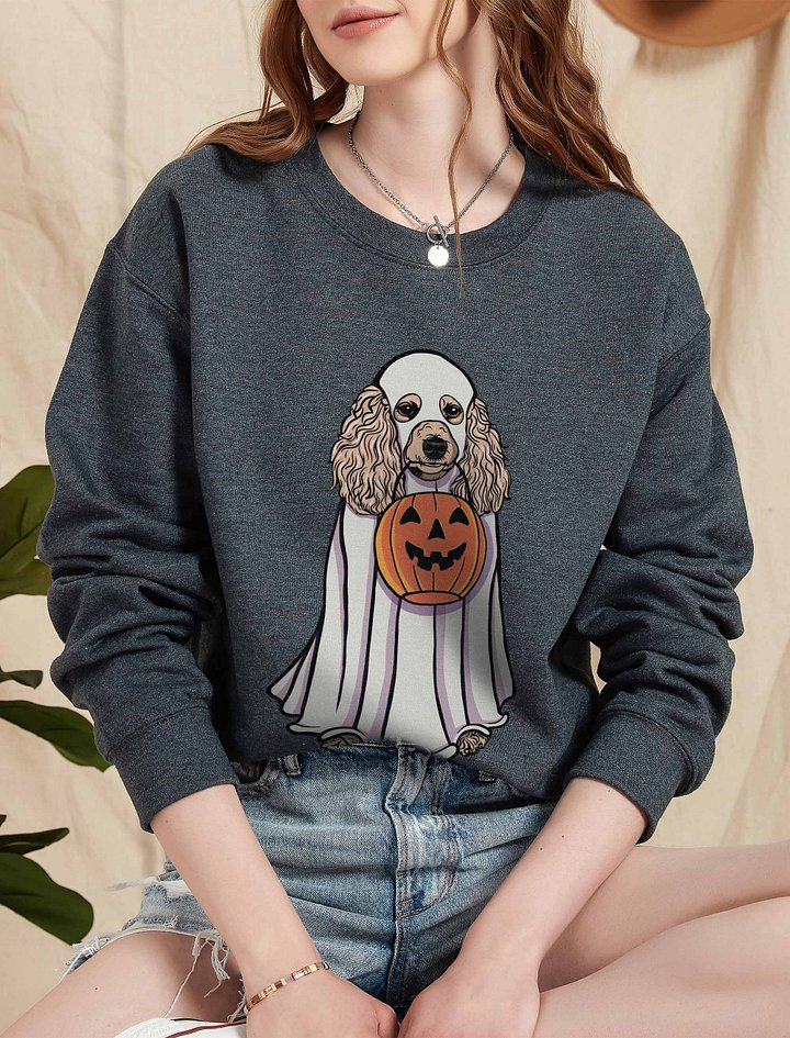 Funny Halloween Poodle(Beige) Sweatshirt | Funny Papillon Wearing a Ghost Costume and Holding a Pumpkin Basket product image (2)